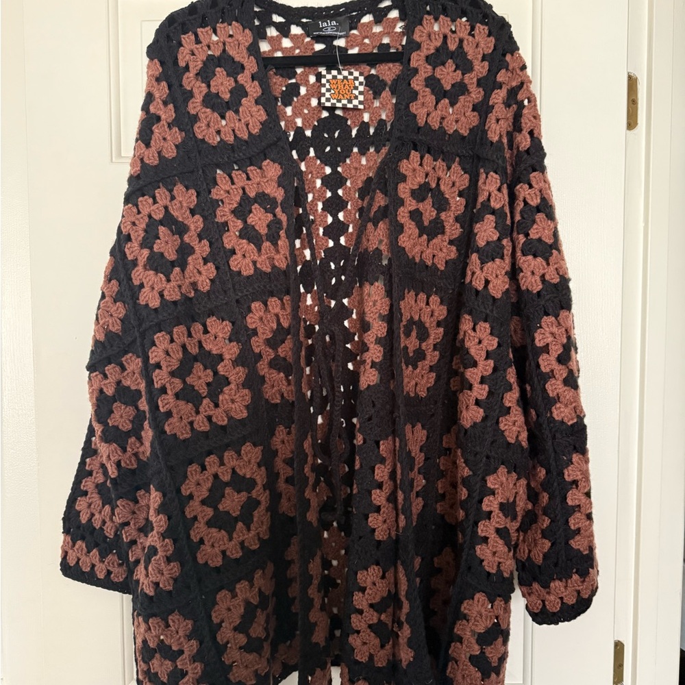 NWT Dressed in LALA Oversized Granny Square Crochet Cardigan in Black + Brown